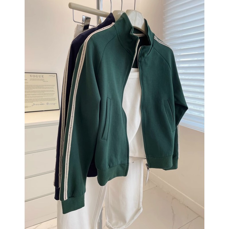 American Retro Stand-Up Collar Short Jacket for Women! Autumn Slimming Dark Green Casual Jacket Cardigan Sweatshirt for Petite Figures