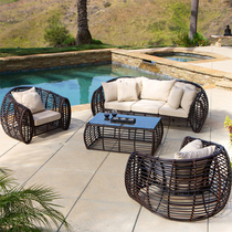 Nordic Outdoor Sofa Patio Garden Waterproof Sunscreen Casual Rattan Sofa Tea Table Combo Outdoor Rattan Chair Sofa