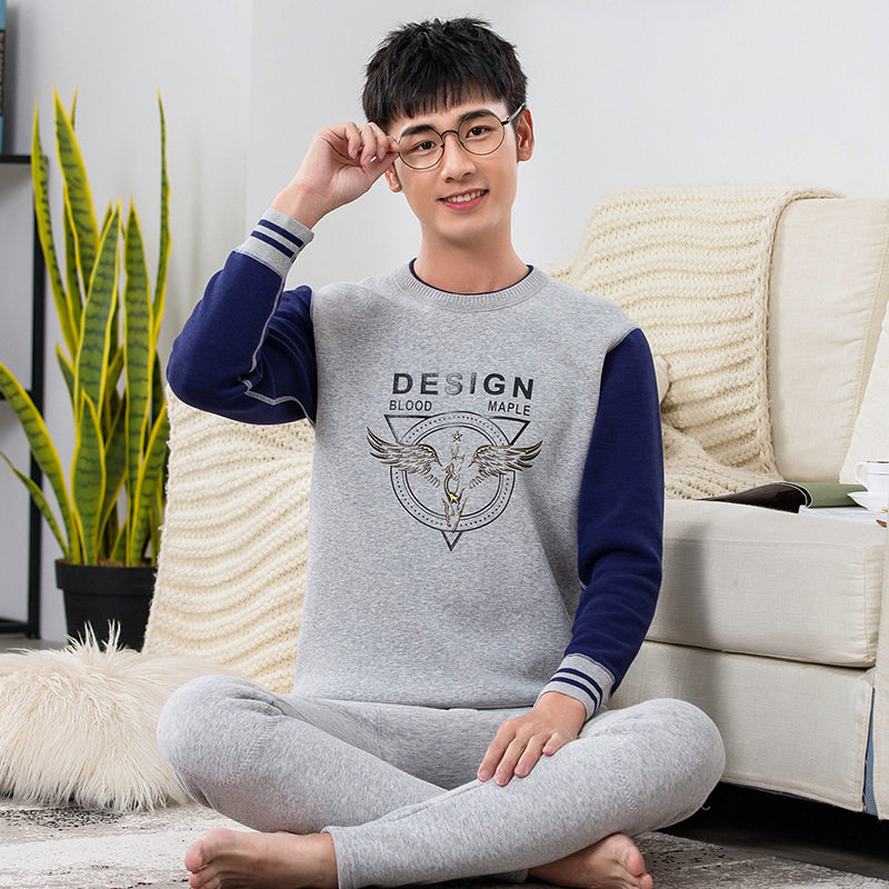 A set of thickening and velvet men's junior high school students' pure cotton plus velvet autumn clothes sanitary pants students winter - Taobao