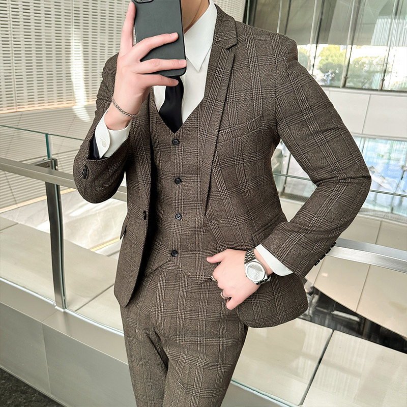 Plaid Suit Men's Suit Korean Style Business Formal Jacket Casual Wedding Groomsmen Dress New Product No-Iron Suit