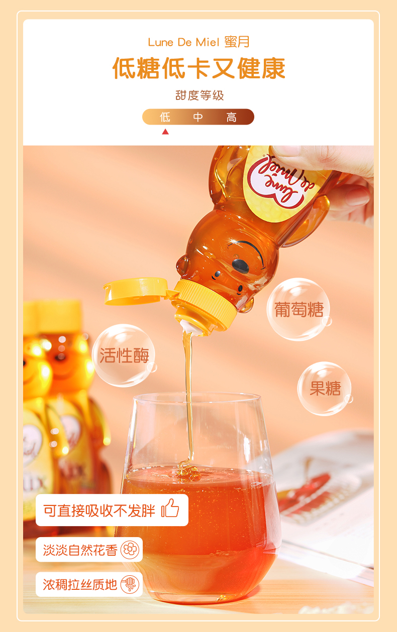 法国进口  Lune de miel 蜜月 无添加百花蜜便携挤压瓶装 500g 图3