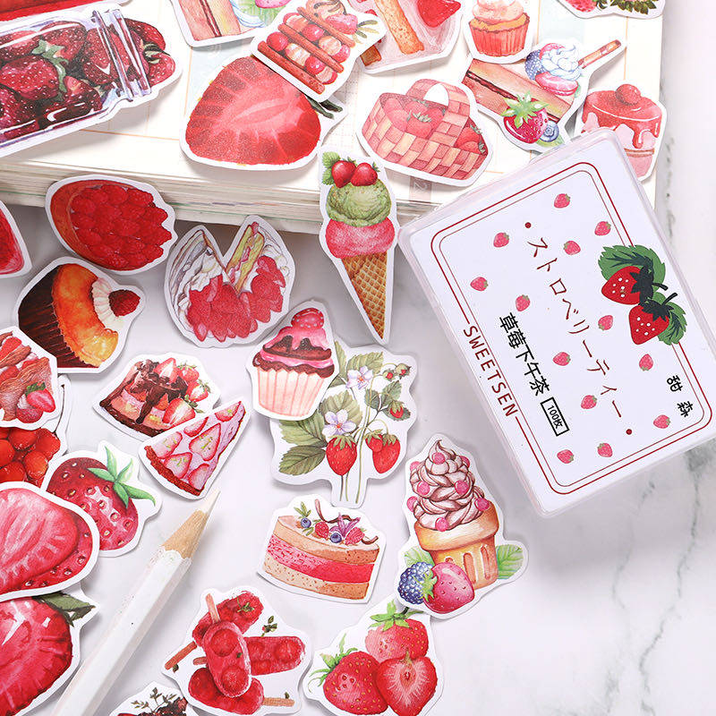 100 Non Repetitive Handbooks Stickers Sweet strawberries Afternoon Tea Lovely Girl Hearts Decorations Stickers Hands Account Diary phone Notebook Computer Decorated adhesive Sweet Cake