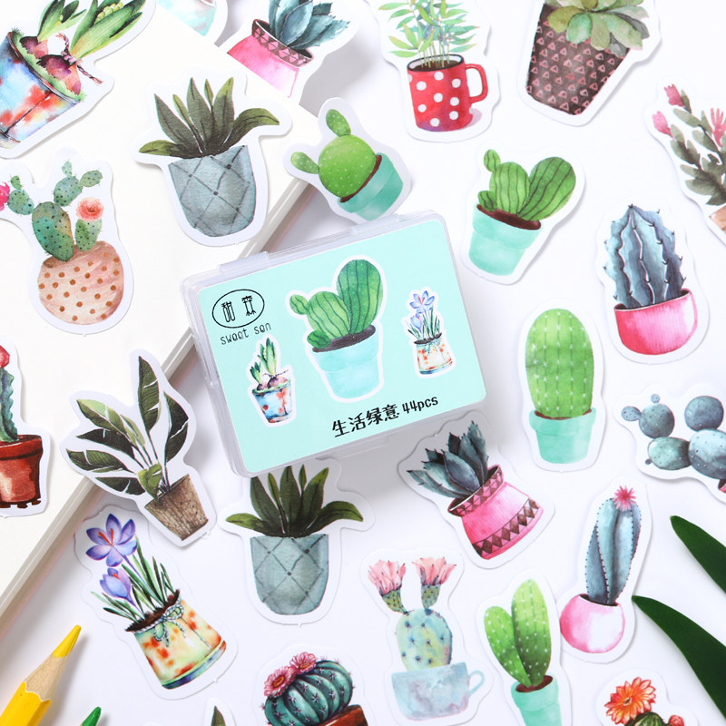 Xi translation hand account sticker Life green decorative pattern Small sticker art Cartoon hand account Sticker Set diy cute mobile phone diary hand account Sticker pack Literary small fresh sticker material