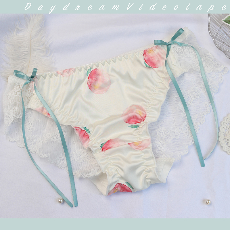 White Peach Honey Tea~Super Fairy Girls Panties Hollow Breathable Middle Waist Ribbon Bow Thin Briefs Milk Silk