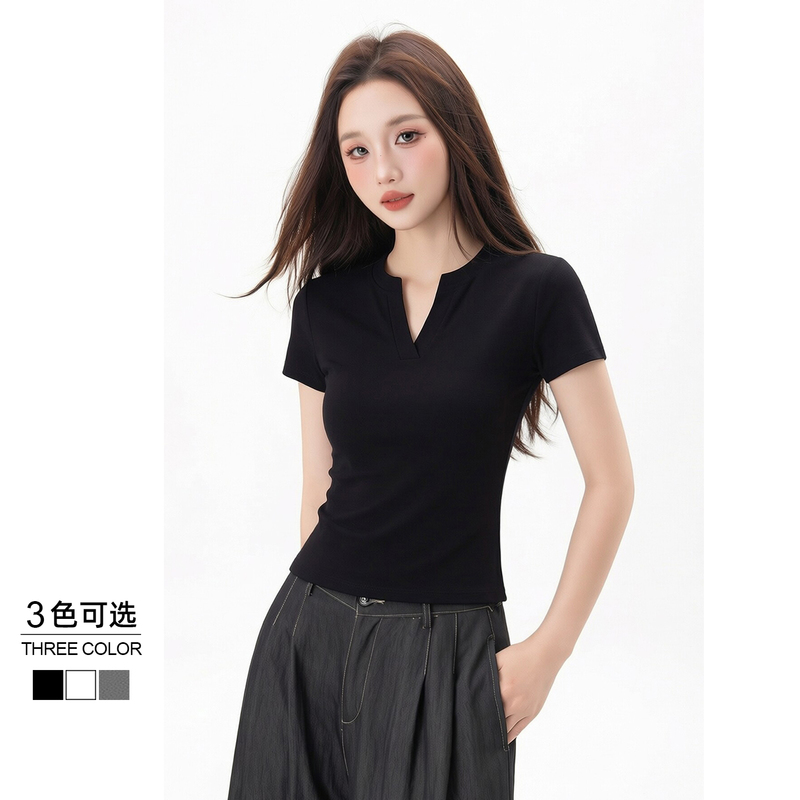 Black Half-Open V-Neck Short-Sleeve T-Shirt for Women, Summer 2026 New Style, Regular Shoulder, Slim Fit, Flattering Half-Sleeve Top, Elegant Blouse Black Half-Open V-Neck Short-Sleeve T-Shirt for Women, Summer 2026 New Style, Regular Shoulder, Slim Fit, Flattering Half-Sleeve Top, Elegant Blouse