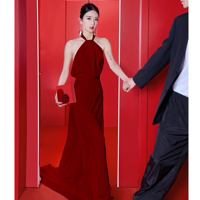 Halter Neck Toast Dress, Bride's Burgundy High-End Wedding Dress, Engagement Dress, 2026 New Sexy Long Style