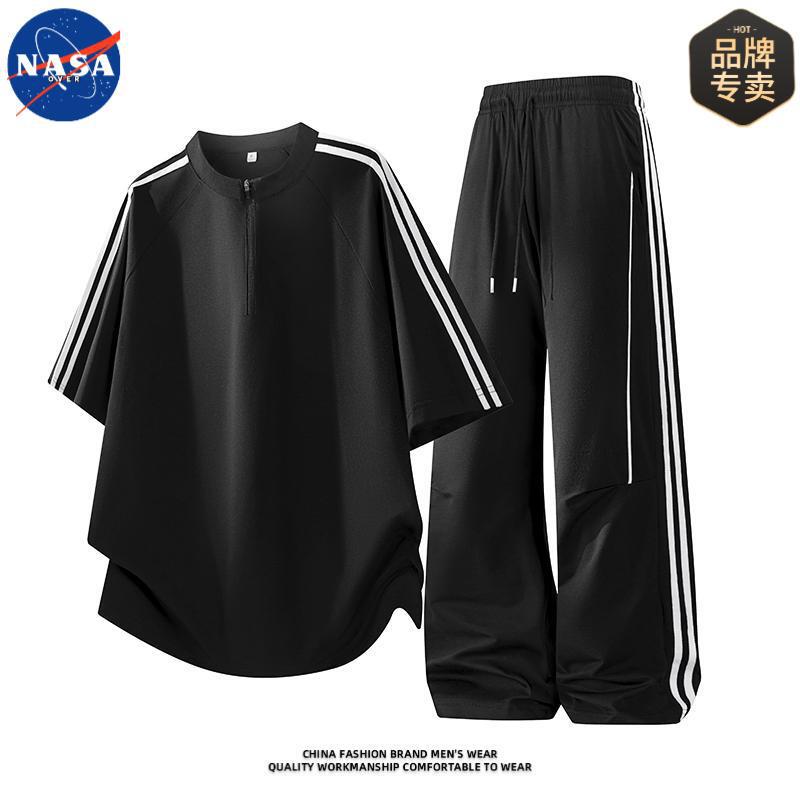Nasa Co-Branded Half-Zip Striped Short-Sleeve Long Pants Set for Men, Summer Casual Loose Trendy Outfit Nasa Co-Branded Half-Zip Striped Short-Sleeve Long Pants Set for Men, Summer Casual Loose Trendy Outfit