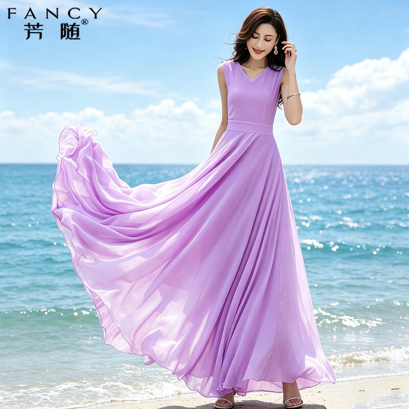 Vacation Style V Neck Purple Chiffon Dress for Women 2026 New Summer Style Slimming Seaside Vacation Long Dress Vacation Style V Neck Purple Chiffon Dress for Women 2026 New Summer Style Slimming Seaside Vacation Long Dress