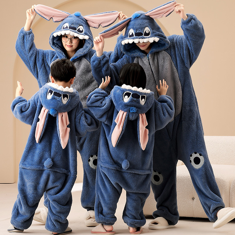 Parent-Child Matching Pajamas, Winter Warm Coral Fleece Cartoon Little Monster Family of Three Flannel Hooded Loungewear