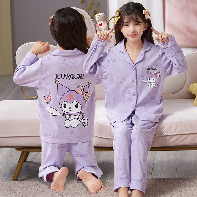 2024 New Girls Pajamas Spring and Autumn Pure Cotton Long Sleeve Melody Little Girls Middle School and High School Children's Home Clothing Summer