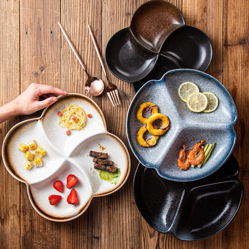 Japanese-style ceramic quantitative separation children's three-grid plate fat-reducing breakfast plate one-person tableware household