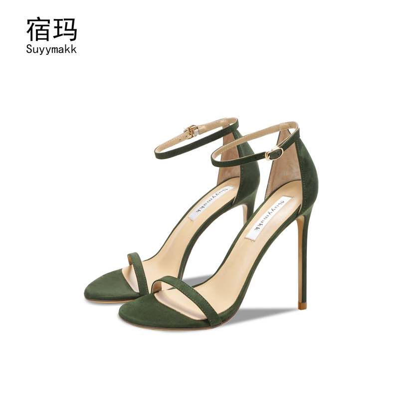 Genuine Leather Dark Green Sandals for Women 2026 New Style Stiletto Open-Toe Versatile Ankle Strap Sheepskin Suede High Heels