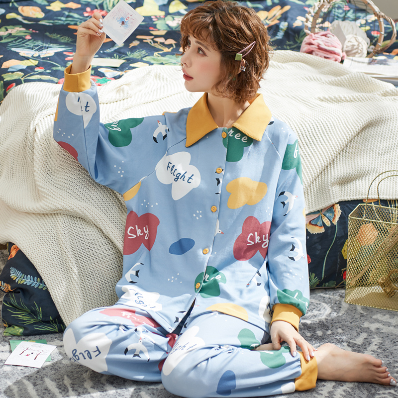 Te-1997 "Blue Letter & Long Sleeve Cotton Cover"Spring and Autumn Moon clothes pregnant woman pure cotton pajamas female Long sleeve summer Thin Parturient Nursing clothes postpartum nurse suit
