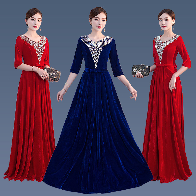 New Velvet Choir Performance Dress for Women, Middle-Aged and Elderly Adults, Long Dress for Chorus, Banquet Host, Evening Dress