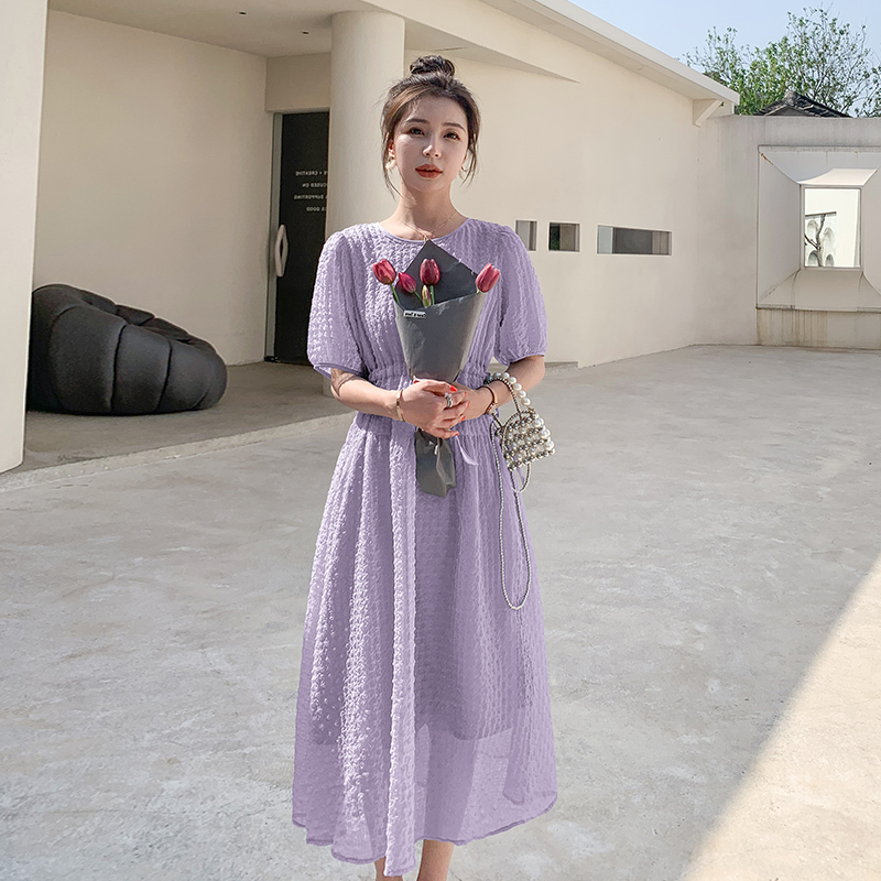 Purple Chiffon Bubble Mesh Dress for Women, Mid-Length, Summer 2026, This Year's Trendy New Style with Puff Sleeves Purple Chiffon Bubble Mesh Dress for Women, Mid-Length, Summer 2026, This Year's Trendy New Style with Puff Sleeves