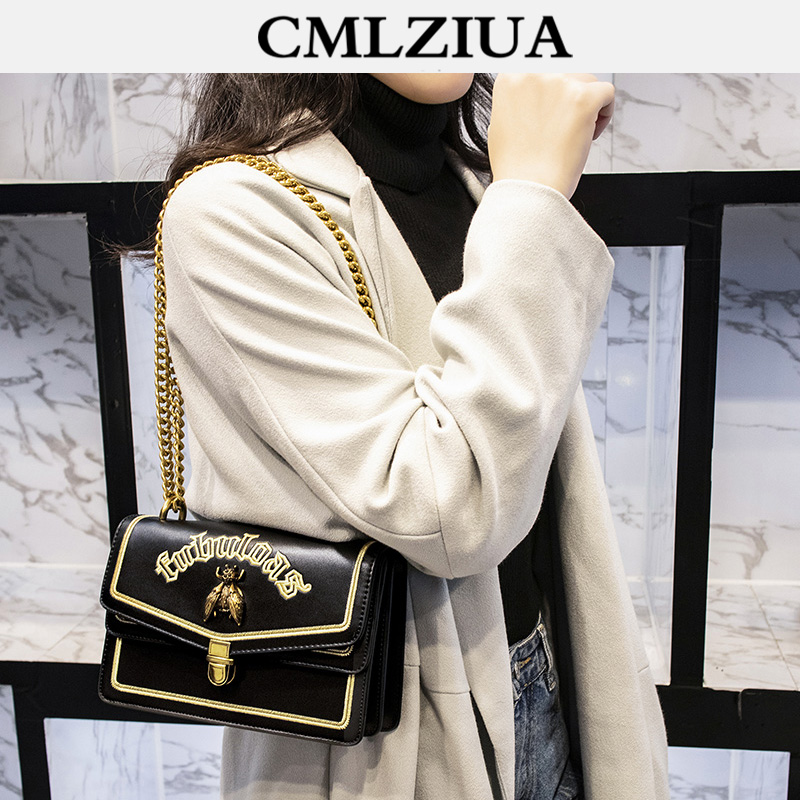 CMLZIUA new trendy fashion bee bag lock buckle shoulder Messenger bag all-match embroidery women's bag chain bag women