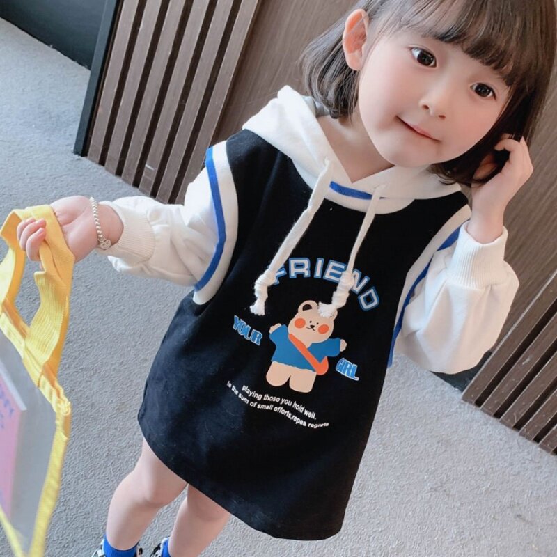 Girl Cute Ocean Dress 2021 Spring Dress New Women's Baby Foreign Pie Fake two Katong Lianhood Sports Shirt Dress Children