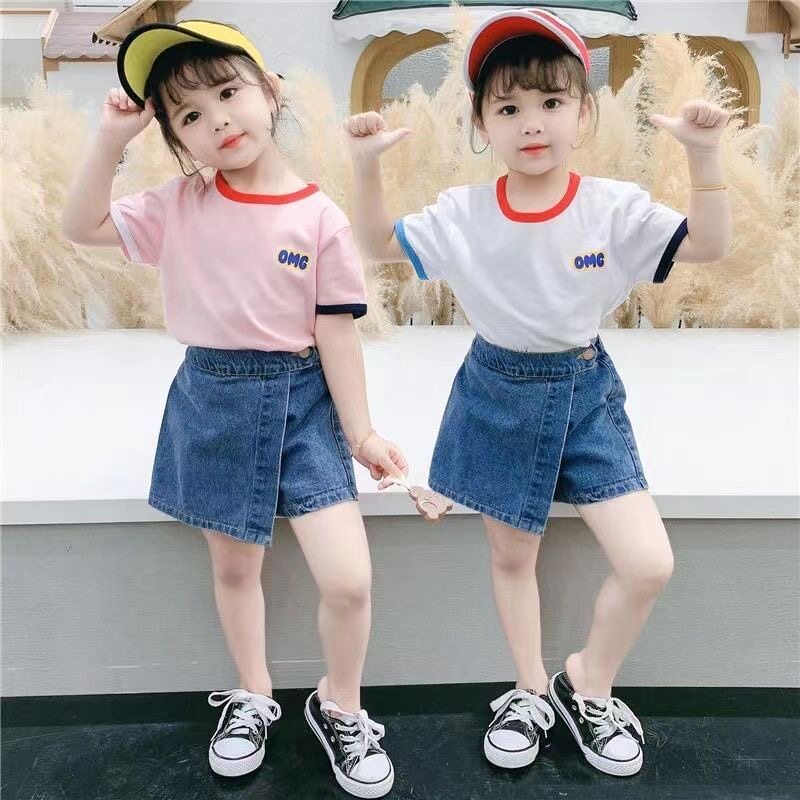 23 casual fashion children's clothing girls T-shirt denim shorts two-piece suit children's short-sleeved top baby bottoming shirt