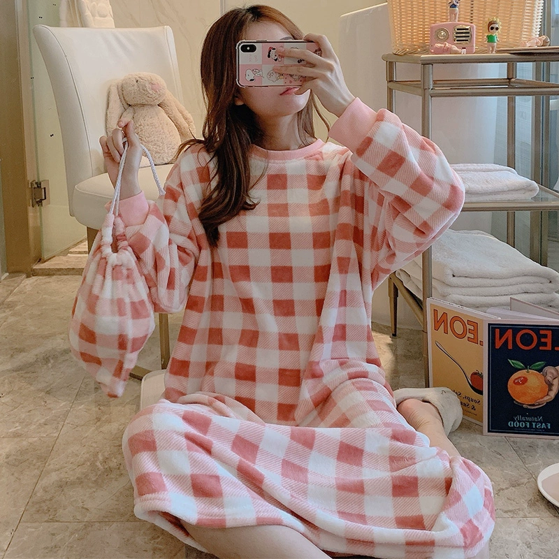 Mùa xuân, mùa thu và mùa đông bộ đồ ngủ lông cừu san hô Hàn Quốc phụ nữ mùa đông ngọt ngào và dễ thương công chúa gió flannel dày lưới váy ngủ - Đêm đầm