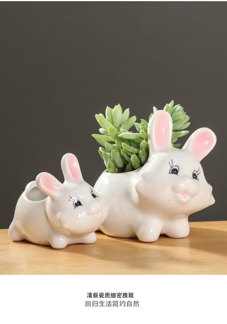 Creative cartoon animal, lovely small white rabbit ceramic flowerpot more meat desktop art flower pot plant furnishing articles