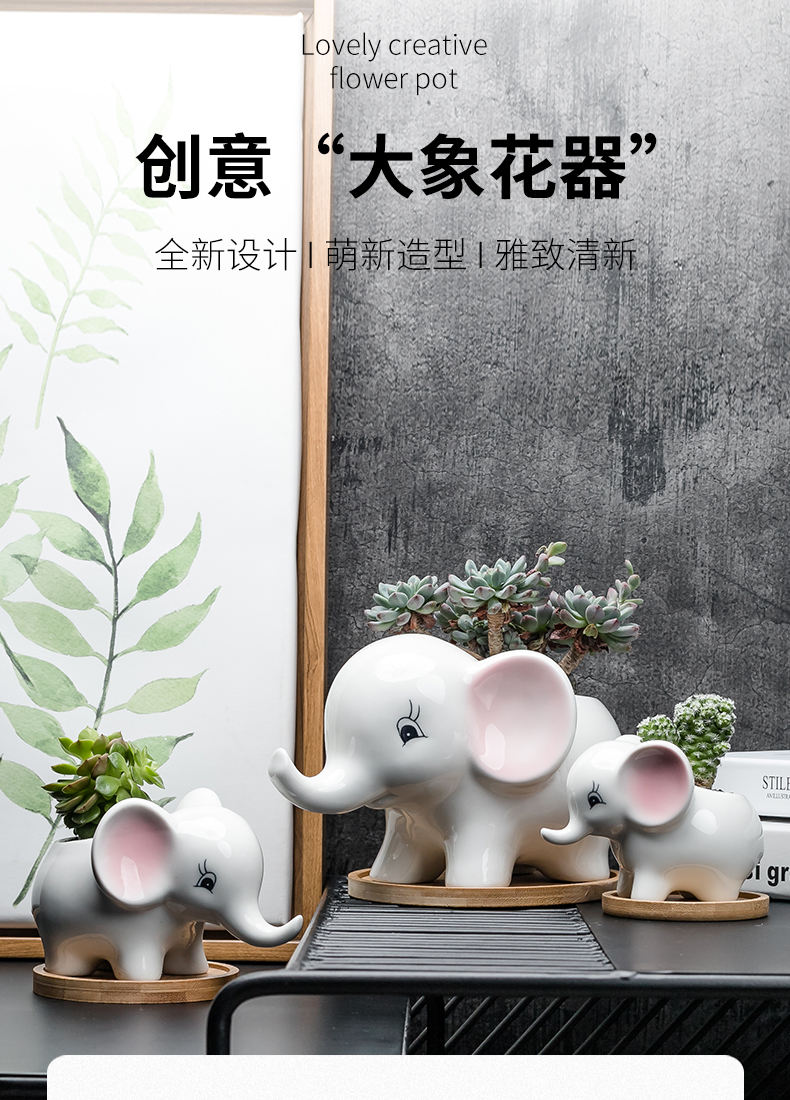 Contracted white cartoon animal meat flowerpot more creative ceramic trumpet with tray desktop celestial being plant POTS