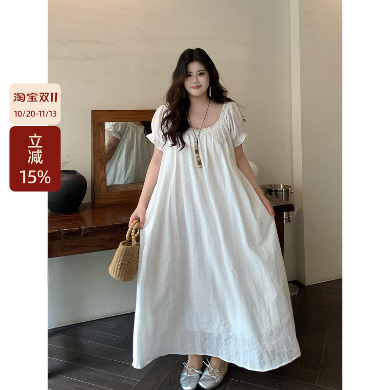【Xu Ying】Plus Size Summer New Cotton Nightgown for Women, Princess Style Square Neck Striped Floral Short-Sleeve Sleepwear
