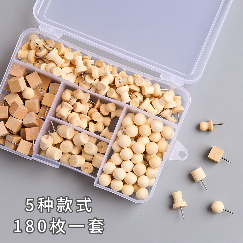 180 pieces of log thumbtack set 5 styles Original wooden I-shaped nail boxed cork board special wooden thumbtack press nail big head nail wood multi-functional diy felt photo wall art nail