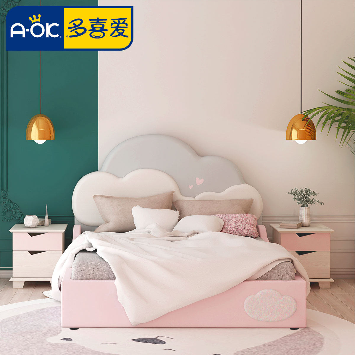 Multi Love Children Bed Solid Wood Imported Pine Wood Environmental Protection Water-based Paint Soft Bag Cloud Star Dream Princess Bed DNA15