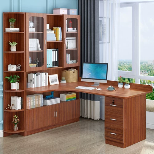 圣柏域 Угловой компьютерный стол из цельного дерева, настольный домашний стол с книжным шкафом, простой стол, книжная полка, встроенный стол