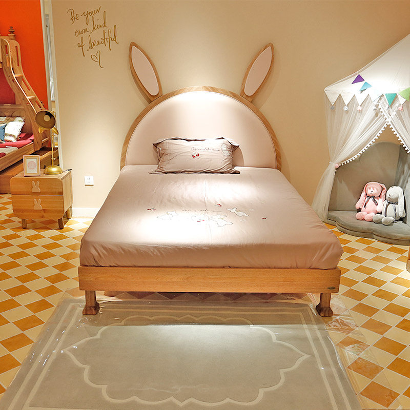 Bed Van Loco Small City Teen Princess Cartoon Solid Wood Rabbit Ear Net Red Bed 1.5 m Healthy and Comfortable