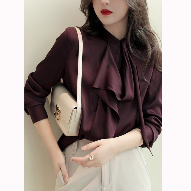 French heavy silk satin shirt women's spring and autumn design sense niche chic top elegant ribbon stand collar shirt