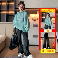 Синяя бархатная толстовка с капюшоном, флисовые прямые свободные джинсы