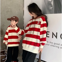 Parent-child wear mother-child Korean style casual 2023 parent-child striped sweatshirt contrasting color hooded sweatshirt autumn new style