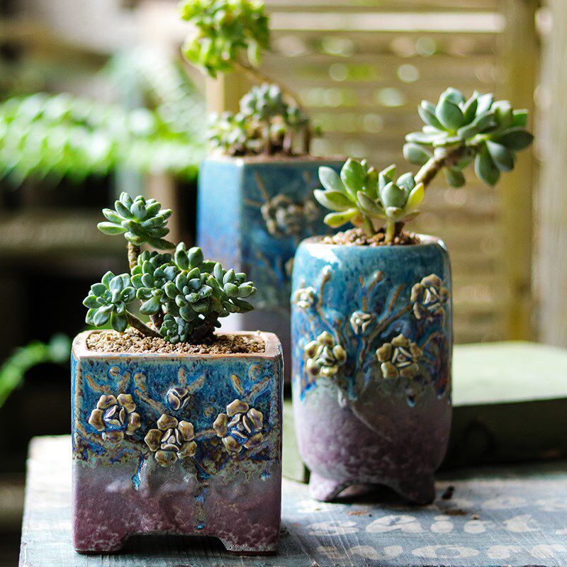 Hand Pinch Flowers Multimeat Plant Small Old Pile Flower Pot meat Coarse Pottery High Drum Pelvic Creative Personality Ceramic Basin Master Pottery Basin