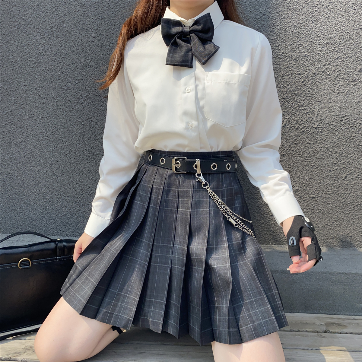 Bad dark Japanese JK uniform skirt set of college style genuine pleated jk plaid skirt suit full set of female students autumn