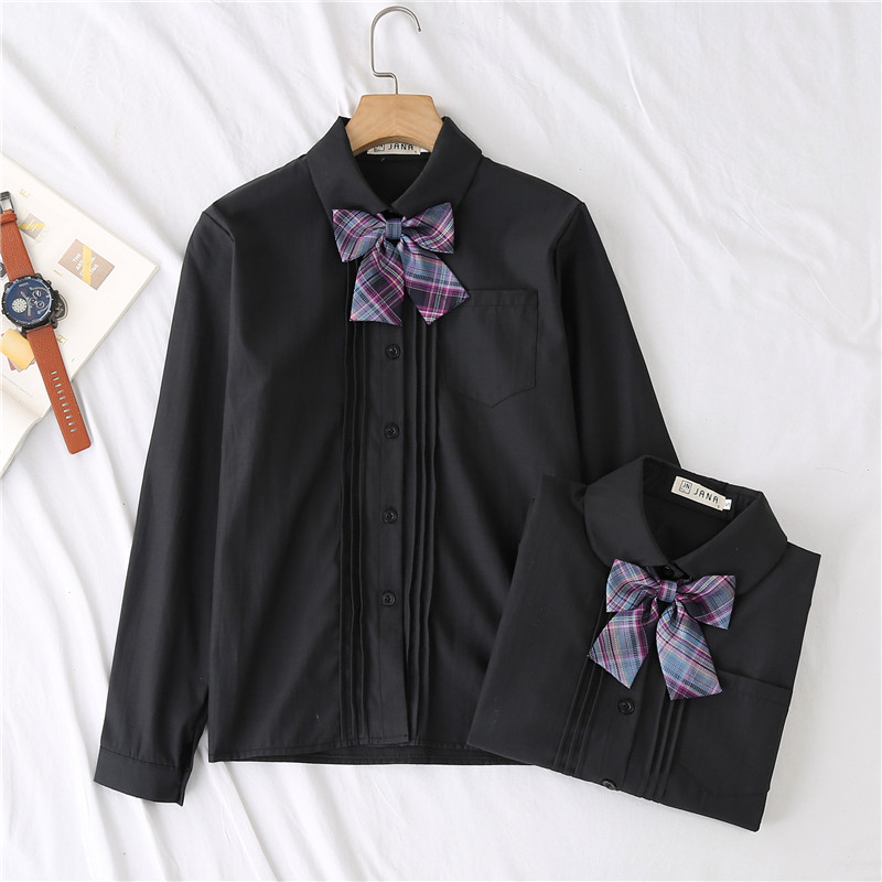 (Haiyue Society)Original black shirt Basic organ pleated JK uniform top corner lapel pill lapel versatile long-sleeved shirt