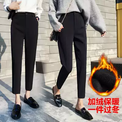 Plus velvet padded suit pants women's autumn and winter 2019 New loose straight nine-point pipe pants high waist black pants