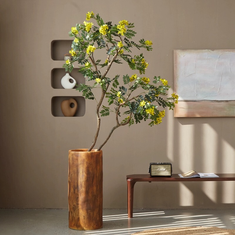 Medieval-Style Decorative Artificial Green Plant, Yellow Acacia Flower, Indoor Living Room Floor-Standing Potted Plant, Fake Tree Plant, Green Plant Bonsai Ornament
