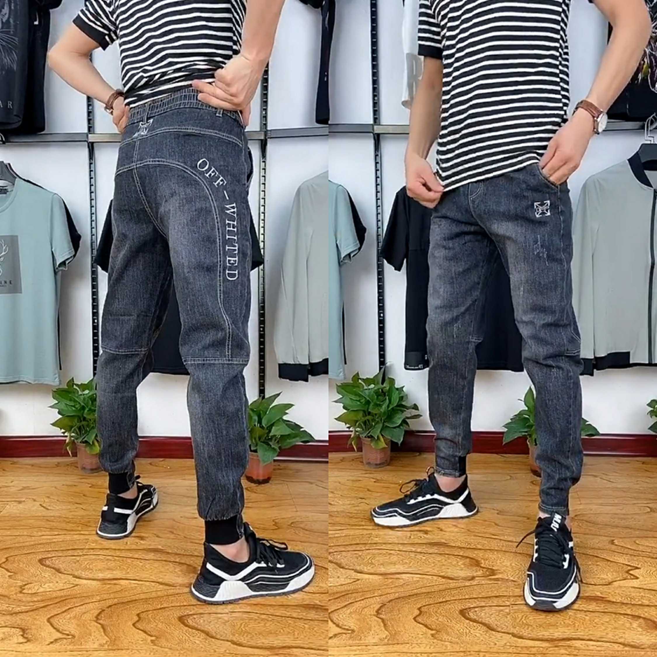 901-Small feet fashion men's slim jeans simple trousers elastic fashion semi-tight embroidery with letters