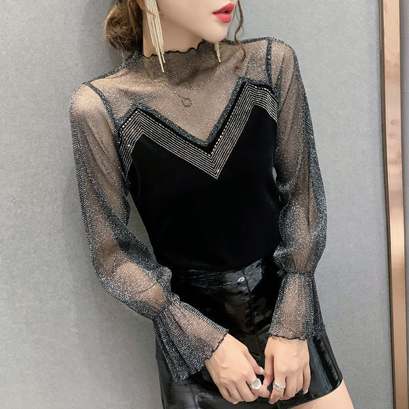 春季新款性感露肩网纱拼接女亮丝长袖打底衫