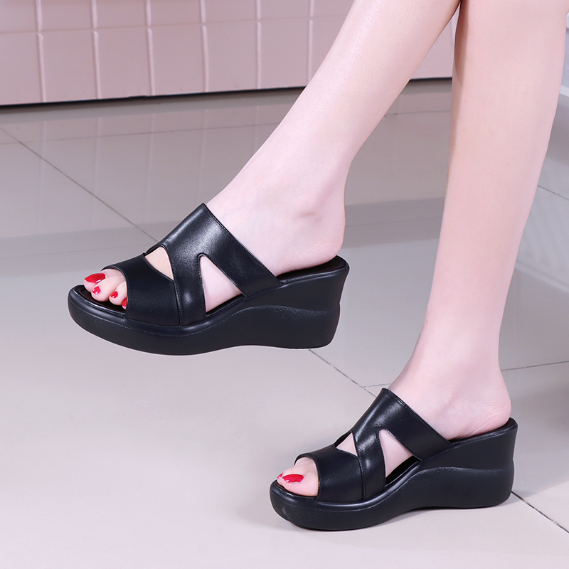Soft-Soled First-Layer Cowhide Wedge Casual Sandals, Large and Small Sizes, Comfortable Genuine Leather Waterproof Platform Rocking Leather Slippers for Women