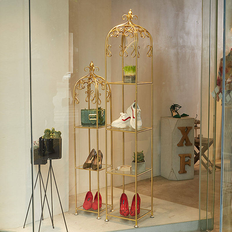 Creative golden bookshelf living room glass storage rack bedroom decorative rack floor-to-ceiling multi-layer corner display rack