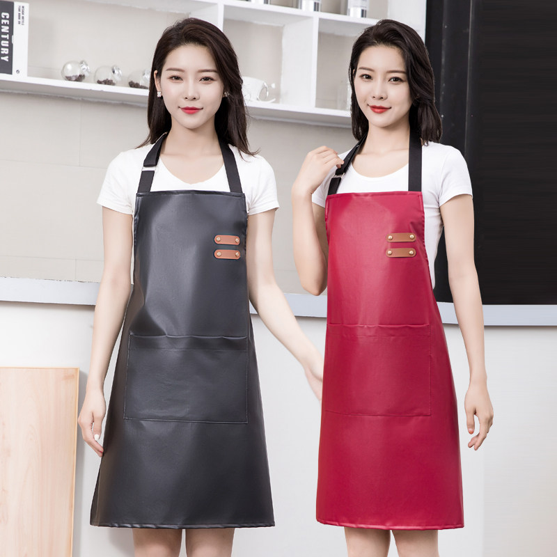 Solid color simple adjustable hanging neck waterproof apron PU soft leather home kitchen restaurant oil-proof cooking work clothes