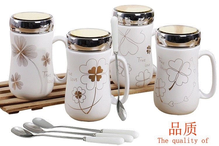 Glass package mail beaker of water move with cover ceramic spoon household male and female adult mark cup with cover