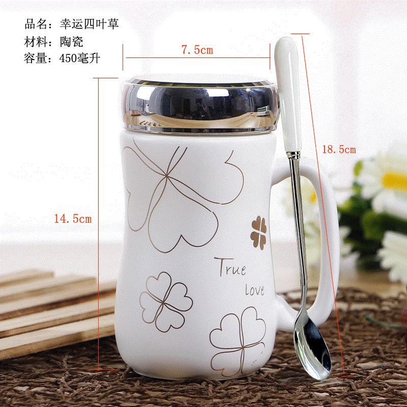 Glass package mail beaker of water move with cover ceramic spoon household male and female adult mark cup with cover