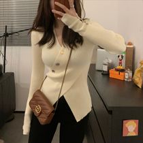 Maternity knitted sweater autumn and winter mid-length v-neck slit nursing bottoming shirt slim-fitting buttoned long-sleeved top for women