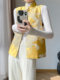 Lingze X's Spring and Autumn New Chinese-Style Phoenix Embroidery Acetate Button Yellow Vest for Women