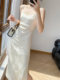 Lingze Xi's Elegant New Chinese Style Versatile Printed Waist-Cinching Off-White Spaghetti Strap Dress for Women in Summer
