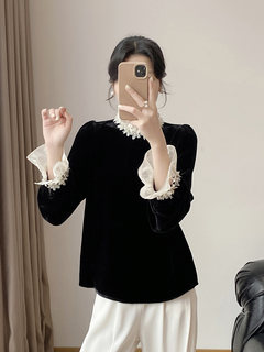 Hisashizawa nozomi 2026 early spring new high-end temperament petal sleeve silk velvet top for women