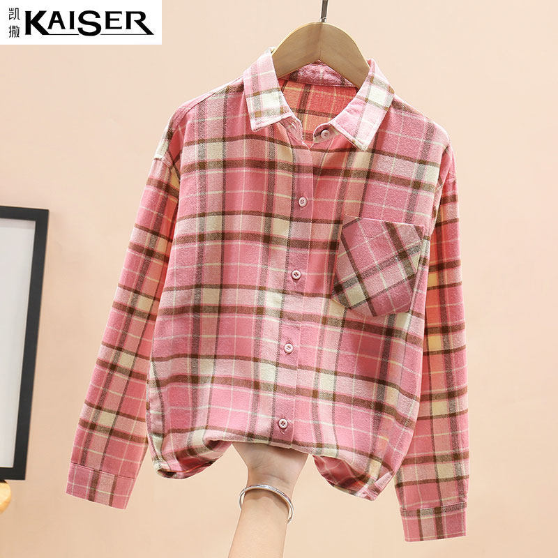 Caesar girl baby long-sleeved shirt fashion plaid big boy cotton plus velvet shirt Western style autumn student tide